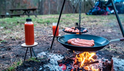 A campfire meal in progress, featuring sizzling sausages and a refreshing beverage.