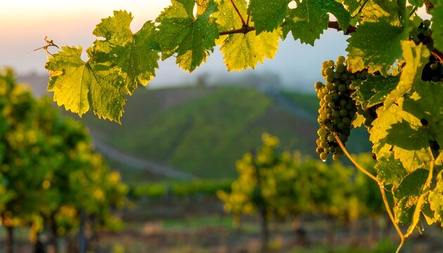 A cluster of green grapes hangs from a vine, illuminated by the warm light of sunrise, with lush grape leaves and a blurred vineyard backdrop.