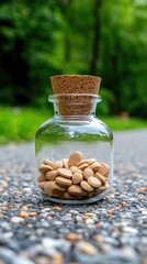 Small glass jar with pills on a paved surface