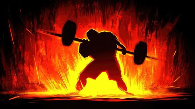 Silhouette of weightlifter lifting barbell against a bright, fiery backdrop. Strong visual contrast