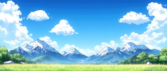 Sunny, scenic vista featuring mountains, meadows, and clear skies