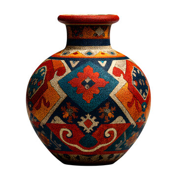 A traditional Peruvian ceramic vessel (huaco), with a unique geometric design, isolated on a white background,