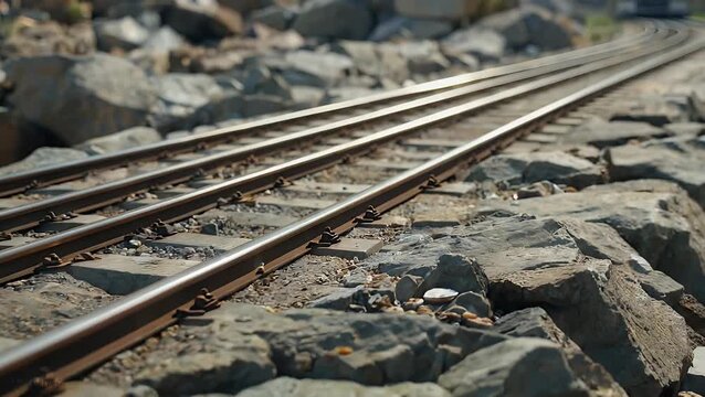 cinematic 4k ultra hd tracking shot along parallel tram rails placed rugged granite stones with scattered gravel camera smoothly glides rightward highlighting urban transportation infrastructure