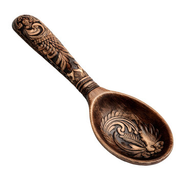 A traditional South African wooden spoon (lepel), carved, isolated on a white background,