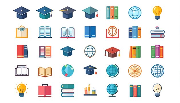 A collection of colorful, flat design icons representing educational concepts such as books, globes, graduation caps, and light bulbs.