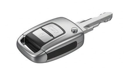 A close up shot of a modern silver car key with remote buttons on a white isolated background studio shot
