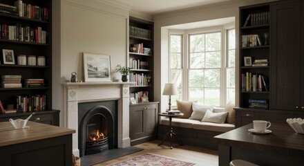 Cozy living room with bookshelves and fireplace view
