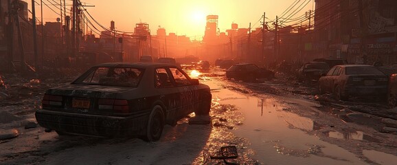 Post-apocalyptic urban landscape with destroyed cars and a sunset on the horizon