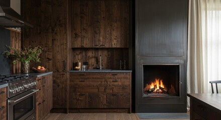 Cozy modern kitchen with wooden cabinets and fireplace