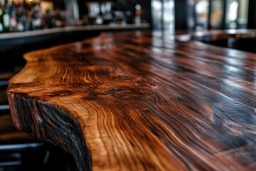 Polished, varnished wood bar top with natural edge, highlighting beautiful grain pattern, blur bottles background