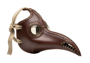 Detailed close-up of a meticulously crafted brown leather plague doctor mask, featuring intricate stitching and decorative metal accents.