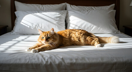 A cat stretching across bed pillows with a lazy mood representing feline relaxation
