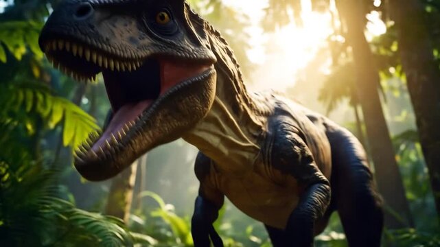 Majestic Allosaurus in Lush Jungle with Sunlight Dappling Leaves, and Prehistoric Scene.