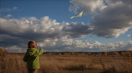 Child Flying a Green and White Kite in a Grassy Field Under a Cloudy Sky During Autumn