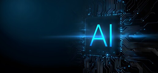 Glowing blue AI logo on a futuristic central processor chip with radiating electronic circuit pathways.