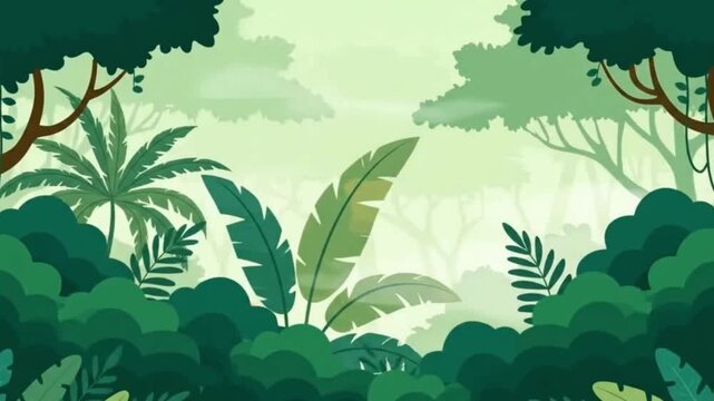 Beautiful wild rainforest scenery with lush green plants and tropical trees. Nature landscape vector illustration concept