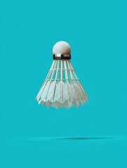 Shuttlecock Hovering Against a Vibrant Blue Background Showcasing Its Design and Craftsmanship