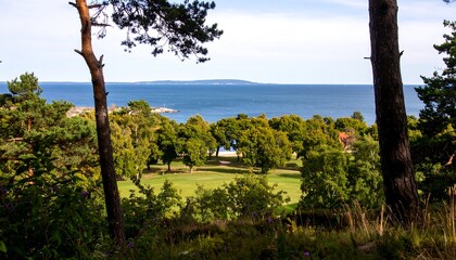 Fototapeta premium Panoramic view of a golf course, nestled beside a tranquil ocean vista, framed by lush greenery and towering trees.