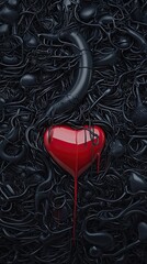 A red heart drips against a tangled black background, embodying intense passion