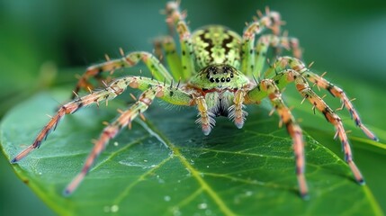 Fototapeta premium Stunning Close-Up of a Vibrant Green Spider on a Leaf