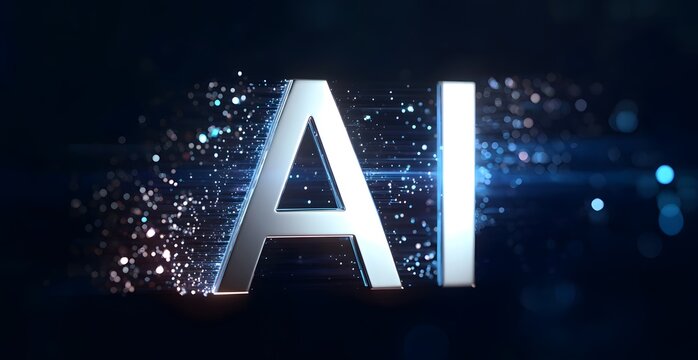 Futuristic silver AI logo with dynamic blue light streaks and glowing particle effects.