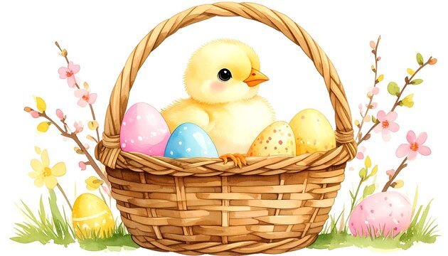 A charming chick sits amidst colorful eggs in a woven basket, surrounded by spring flowers.