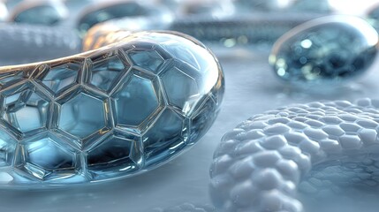 Naklejka premium Close-up of hexagonal bubbles on translucent material, light blue abstract background, futuristic natural aesthetic