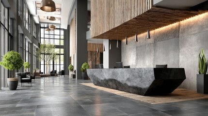 Obraz premium Hotel Lobby Interior Reception Desk Welcomes Guests in an Elegant Space