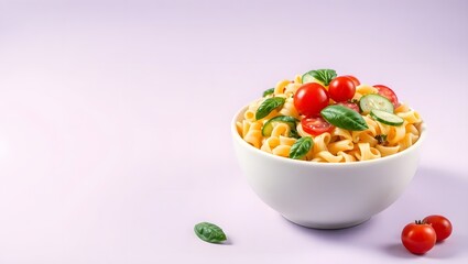 Fresh tomato and vegetable pasta salad bowl for a healthy vegetarian diet
