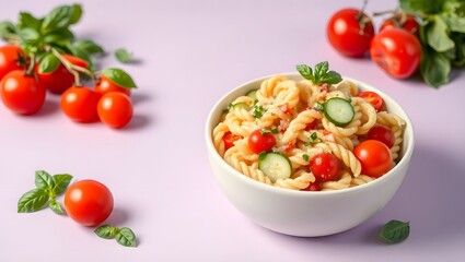 Fresh, healthy pasta salad with basil and ripe red tomatoes on a white plate