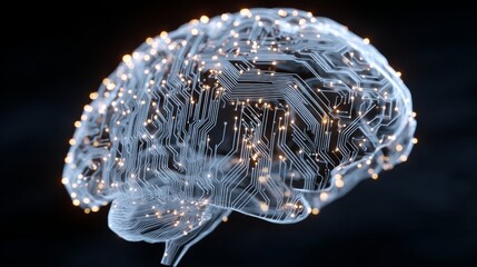 High tech 3D visualization of a transparent digital brain with glowing neural pathways symbolizing artificial intelligence research neuroscience and advanced innovation