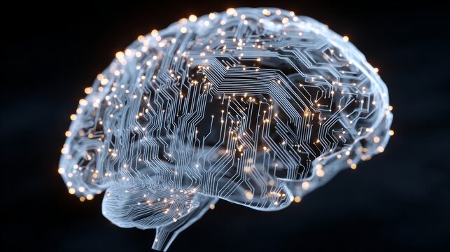 High tech 3D visualization of a transparent digital brain with glowing neural pathways symbolizing artificial intelligence research neuroscience and advanced innovation