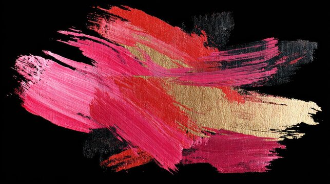 Abstract brushstrokes of red, pink, gold, black on a dark background