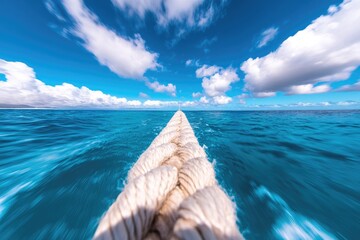 Rope stretching over water under a sunny blue sky with fluffy clouds. A sense of motion