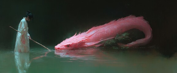 Mythical creature in a still body of water