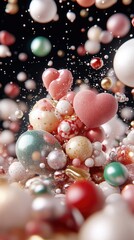 Abstract scene of colorful spheres and heart shapes in motion against a dark backdrop