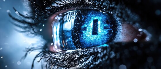 Human eye with a digital, blue circuit design reflected in the iris