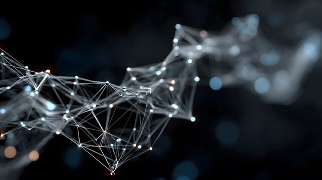 Glowing plexus network of interconnected blue and orange nodes with a shallow depth of field.