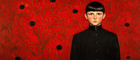 Boy against a red floral backdrop in a black buttoned top with short bowl-cut hair