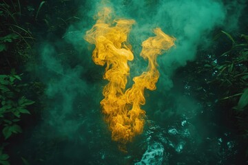 Vivid yellow flame erupts amidst teal smoke