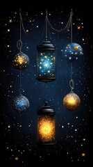 Hanging lanterns and orbs glow with starry light, set against a dark, celestial background