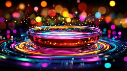 Glowing bowl with liquid center. Vibrant, colorful bokeh background. Swirling energy