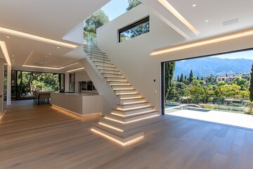 Open, contemporary design features a staircase and an expansive view. Natural light floods the space