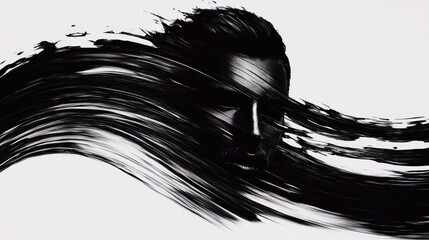 Artistic black brush strokes create a surreal portrait against a white background