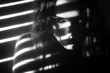 Intense portrait Woman shrouded in shadows, light strips across face