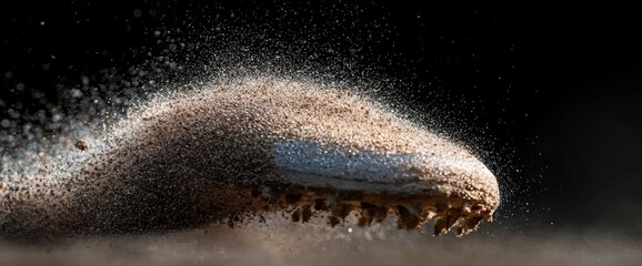 Close-up of dirt particles kicked up by running sports cleats on a dark field background
