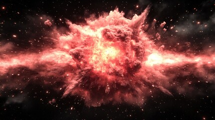Dramatic explosion emitting red smoke and fiery sparks against a dark, cosmic background