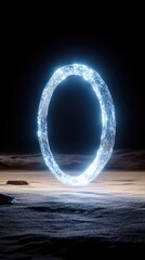 Glowing blue portal rests on the surface. Dim light illuminates the ground. Dark backdrop provides contrast