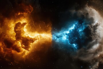 A stunning cosmic dance unfolds, vibrant clouds of blue and orange swirling in the darkness