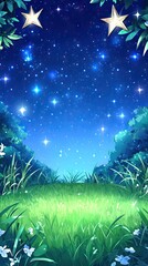 Night scene grassy meadow, trees, starlit sky, two shining stars